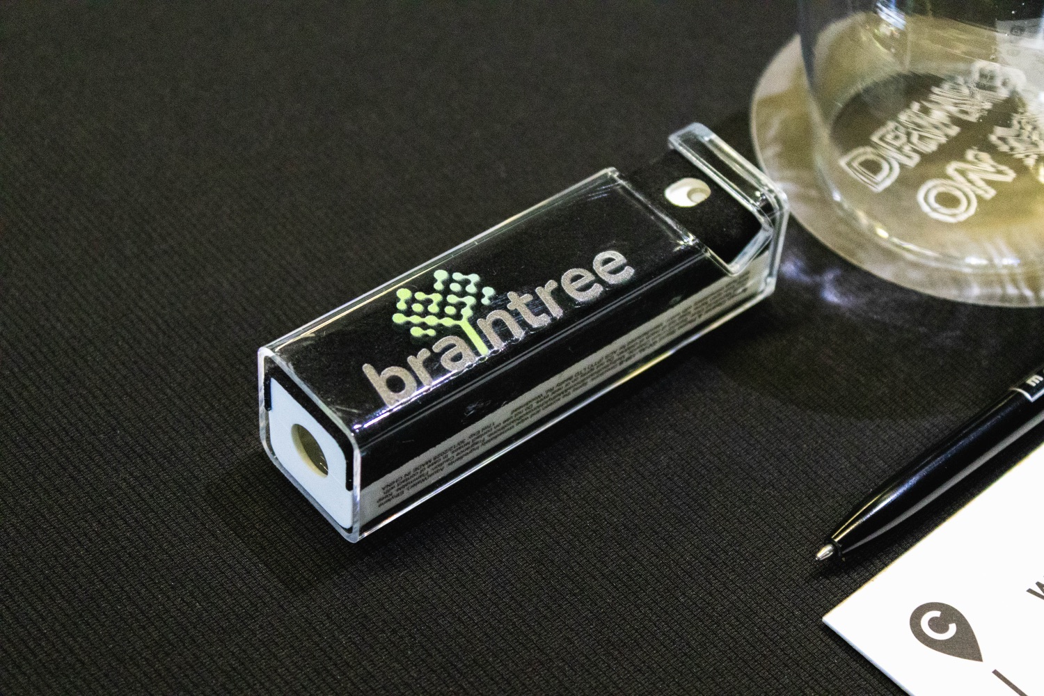 A crystal Braintree-branded keepsake set out for guests