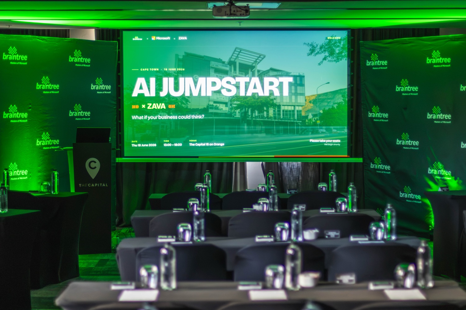 The AI Jumpstart x Zava welcome screen lights up the room