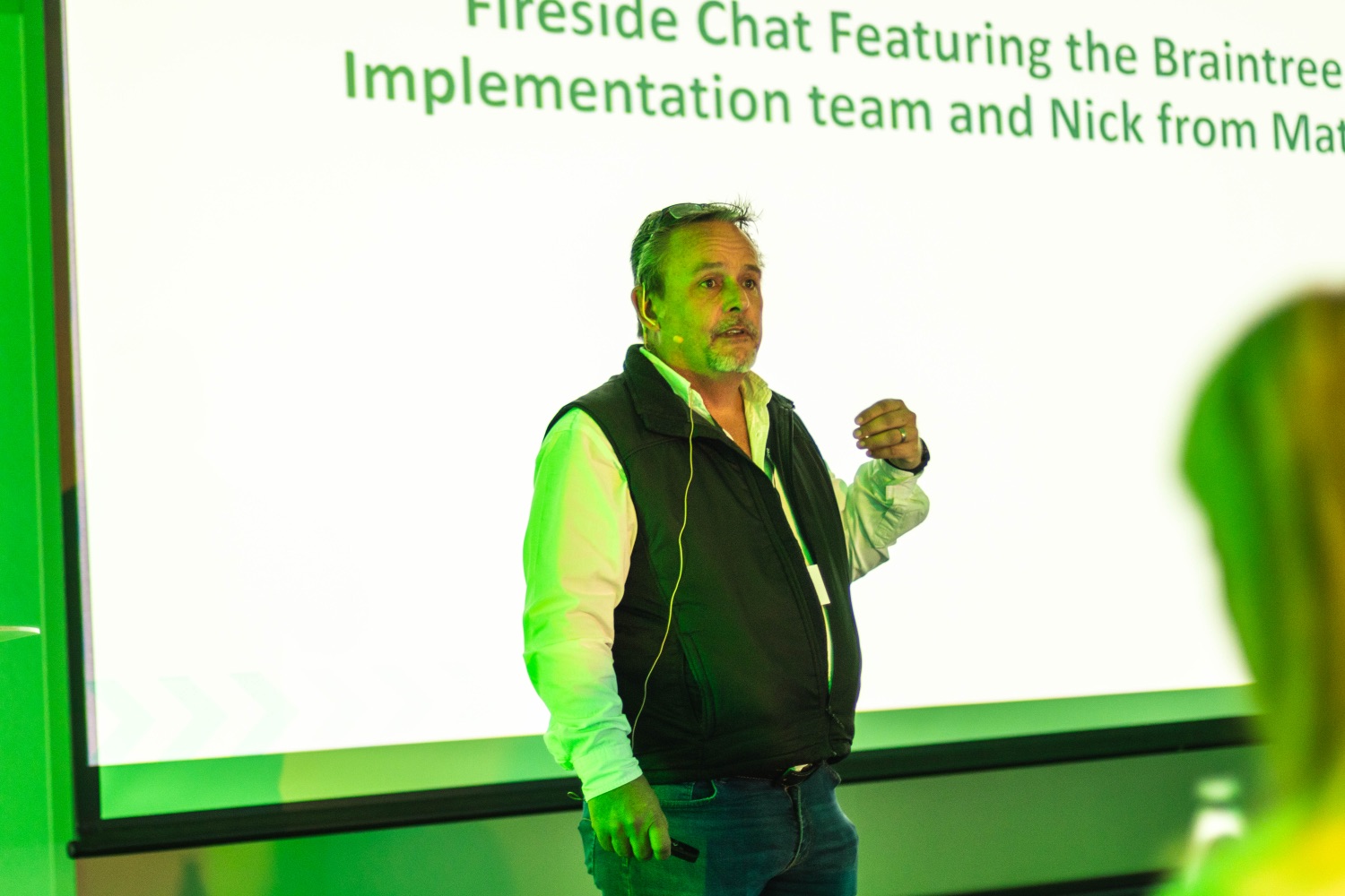The fireside chat introduction slide featuring the Braintree implementation team