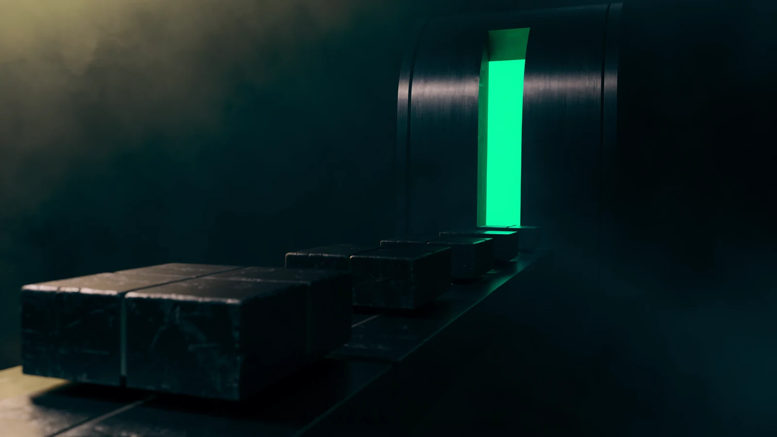 Heavy legacy blocks halted before a narrow jade-lit gateway in a dark titanium wall, representing an application stopped at authentication.