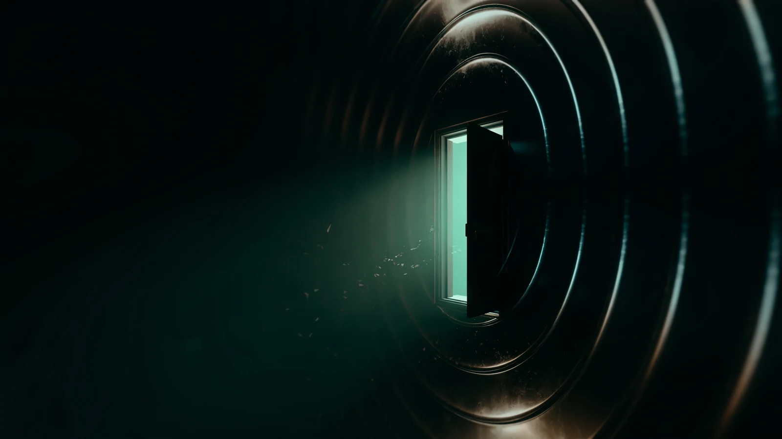 A small doorway of pale jade light left ajar in a vast dark wall with pressure rings rippling outward, representing an entry opened from the inside.