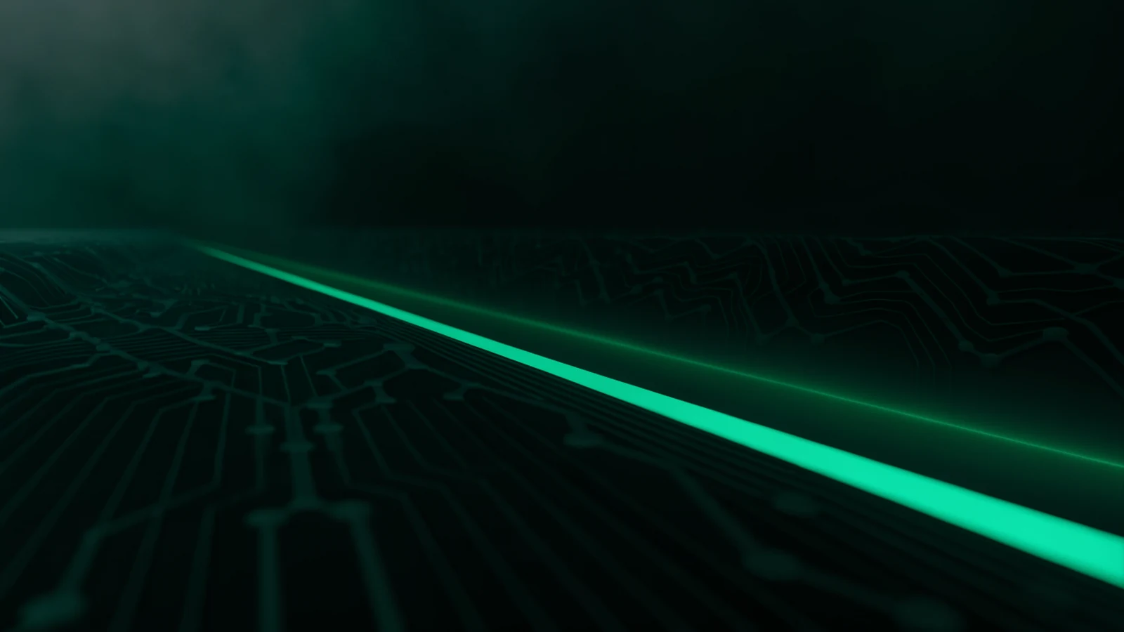 A dense dark lattice of fine channels funnelling into one clean jade corridor, with the old tangled path fading into shadow behind it.