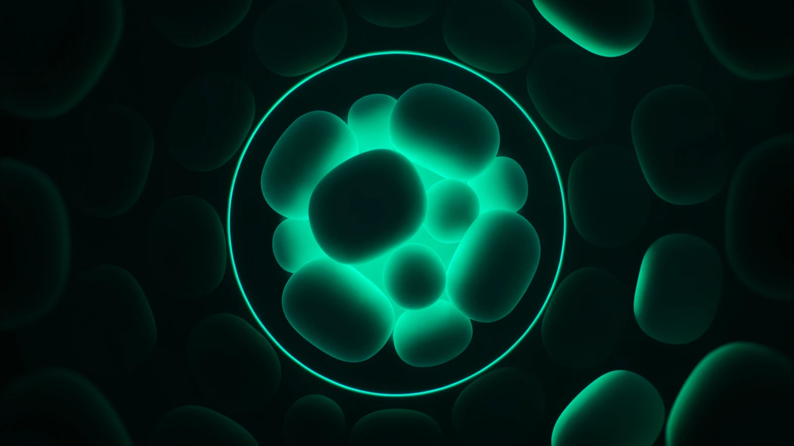 A tight cluster of glowing forms fully lit inside a clean ring of light, while many more identical forms stand dark and uncounted in the blackness beyond it.