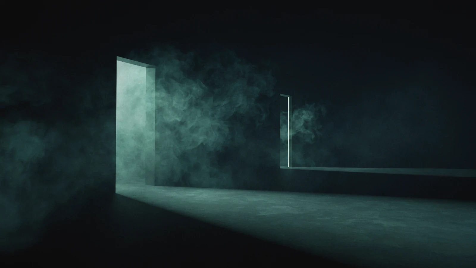 A tall doorway of jade light standing newly open onto an empty floor, while beside it an older opening narrows to a thin vanishing seam, with nobody present.