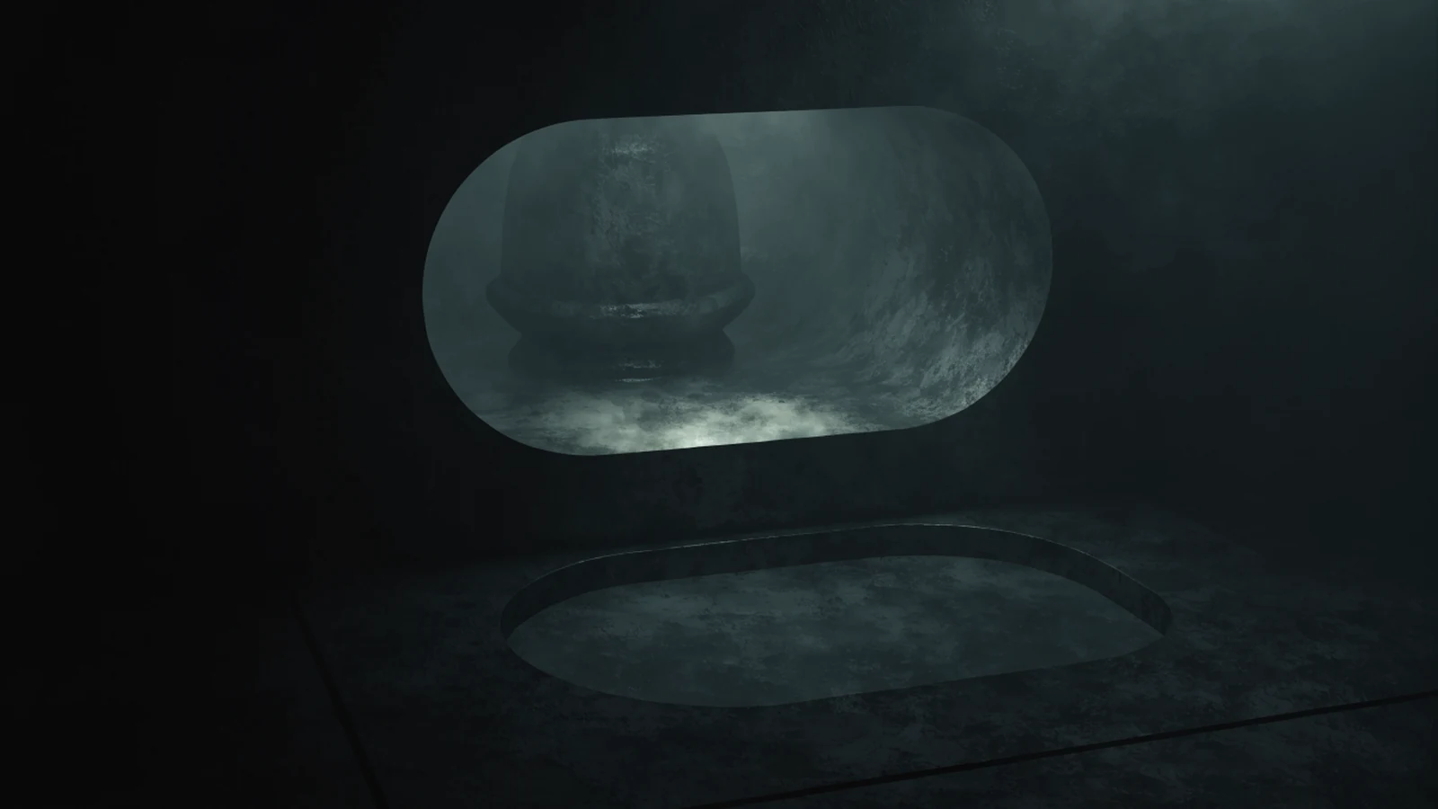 An empty wall recess with the ghosted outline of an object that sat there for years, and below it a second alcove sealed over flush with an unbroken plane.