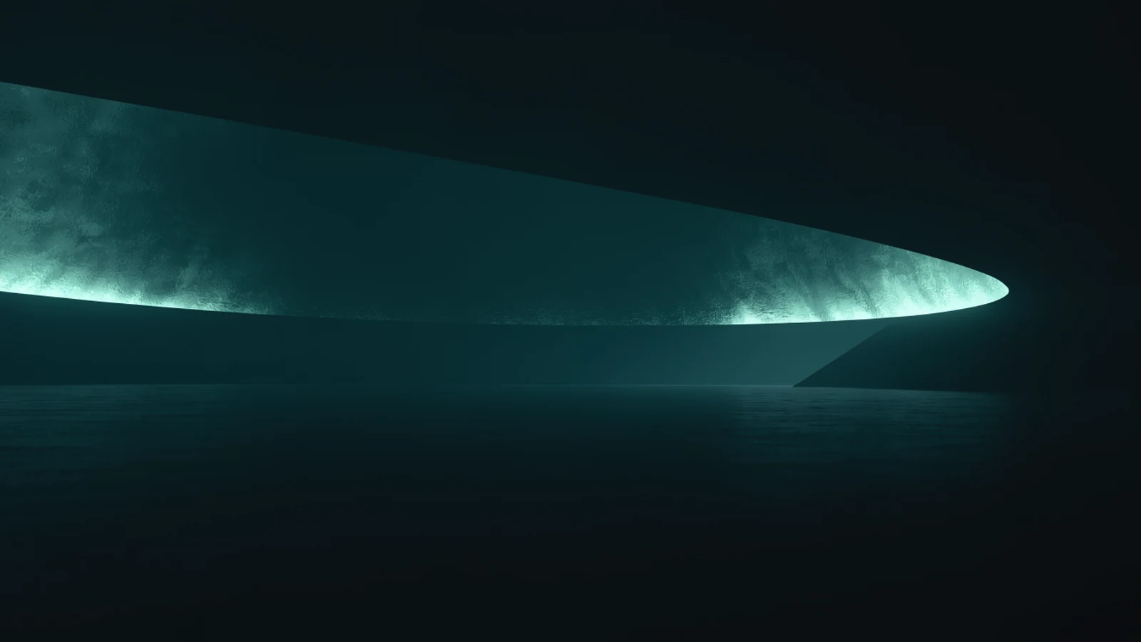 An enormous canopy of jade light spread over a dark floor, stopping short at one corner so a wedge of bare floor lies outside its edge.